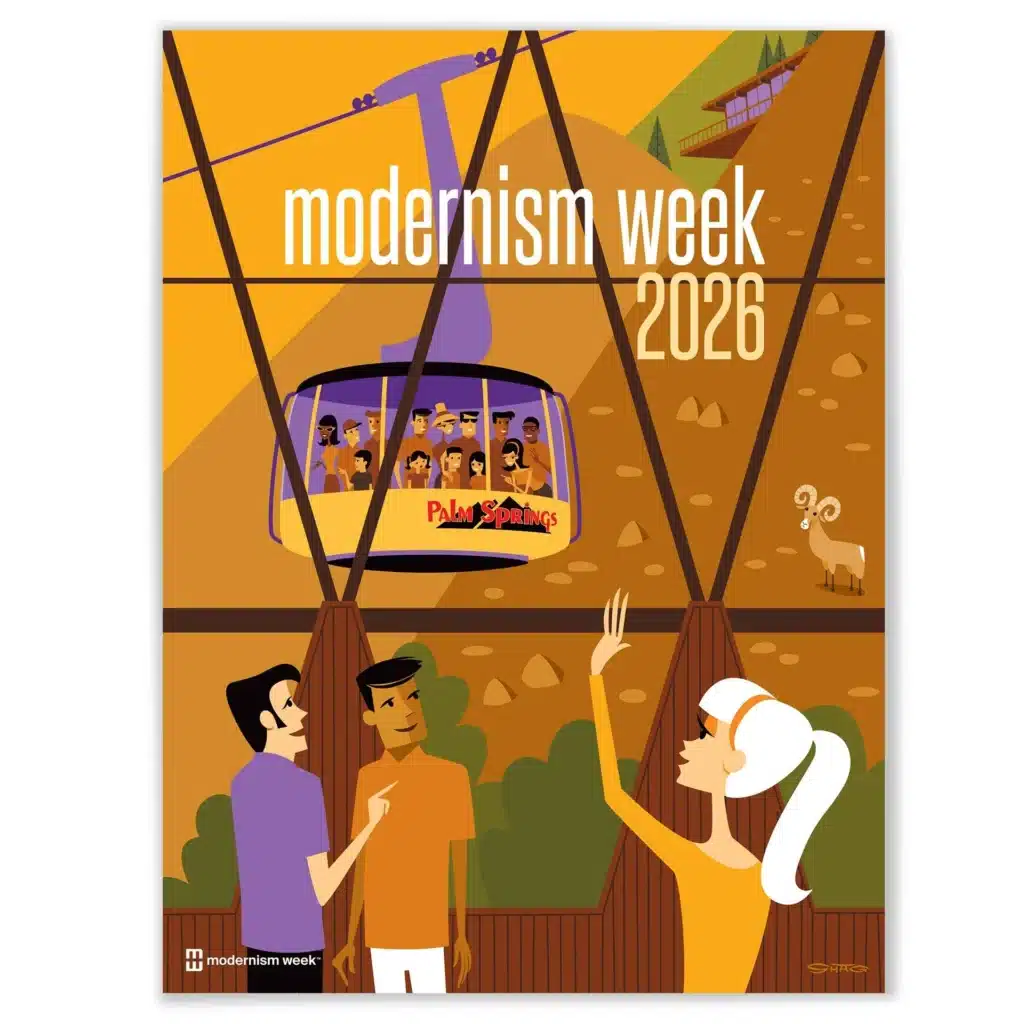 Modernism Week 2026 official event poster featuring bold typography and mid‑century graphic elements promoting the annual Palm Springs design festival.