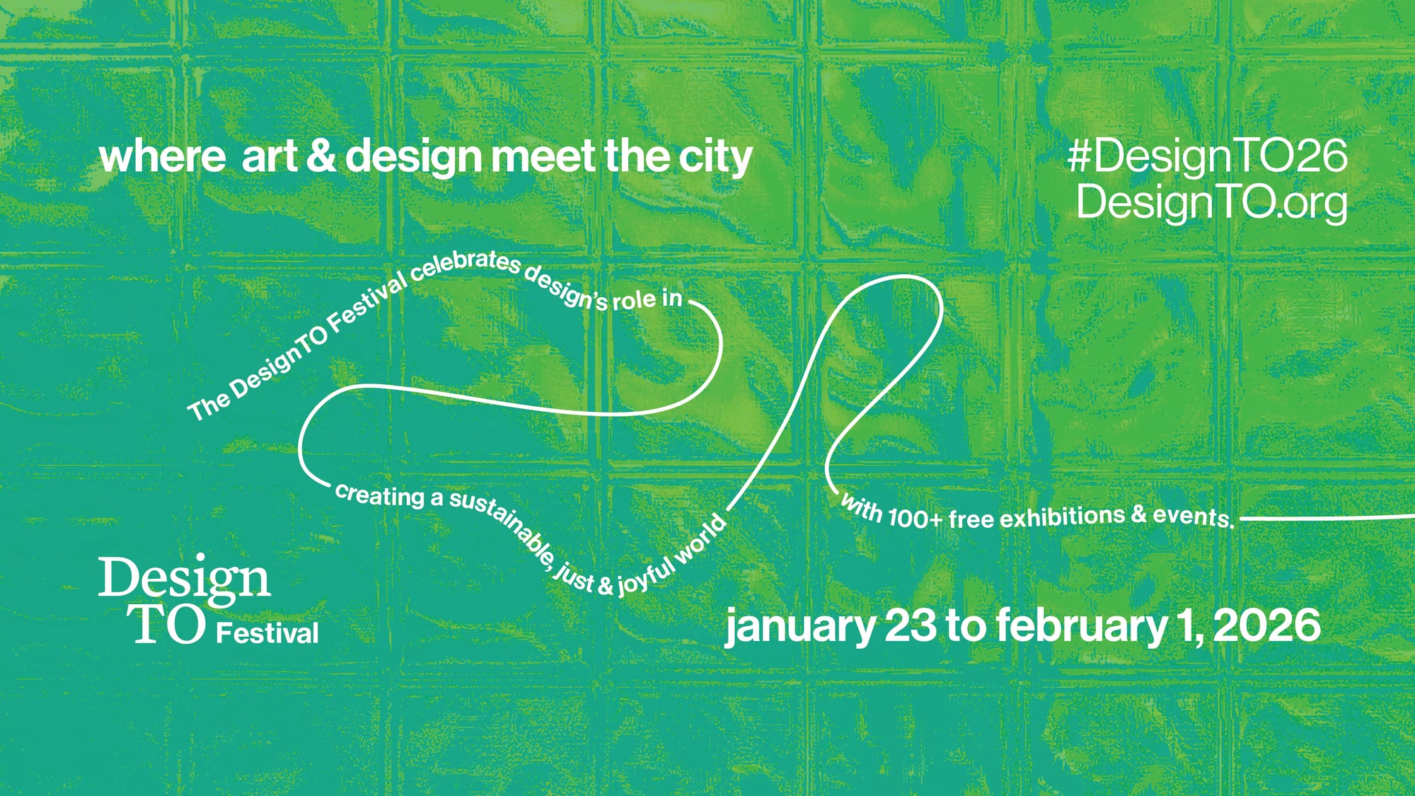 DesignTO Festival 2026 promotional banner featuring green and blue textured background with event branding and dates from January 23 to February 1 2026 in Toronto.