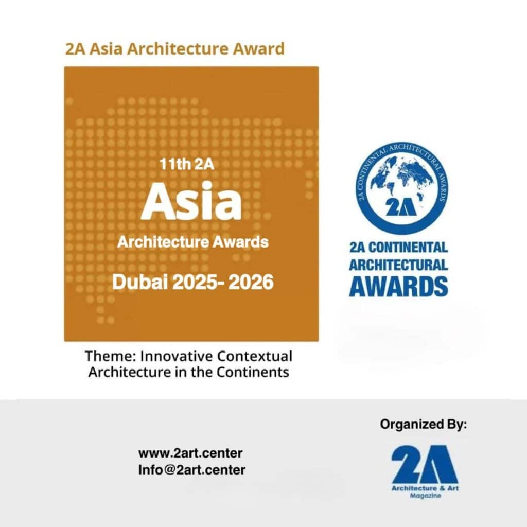 Graphic promotional image for the 2A Continental Architectural Awards 2025‑2026 showing geometric design elements and event branding for the Asia category.