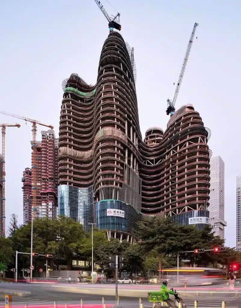 OPPO headquarters structural framework rising amid active construction sites in Shenzhen&rsquo;s urban core.