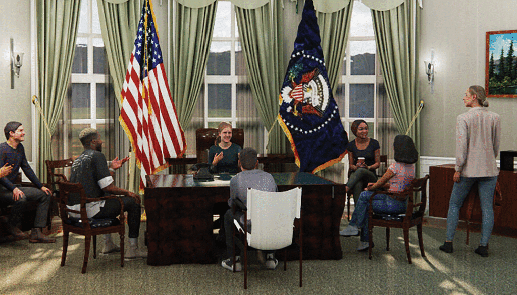 Students engage in lively debate on leadership decisions between two flags under natural light.