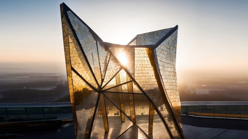 هيكل زجاجي مُشَرَّب بالذهب يعكس شروق الشمس فوق الأفق الحضري.