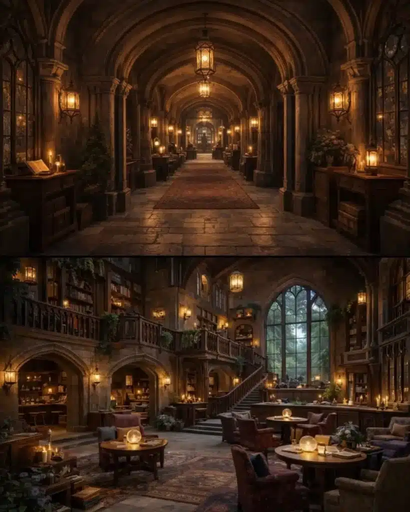 A grand stone corridor with arched ceilings and warm lantern lighting, leading to a distant doorway. Structural stabilization is implied in the massive load-bearing columns and symmetrical vaulted structure.