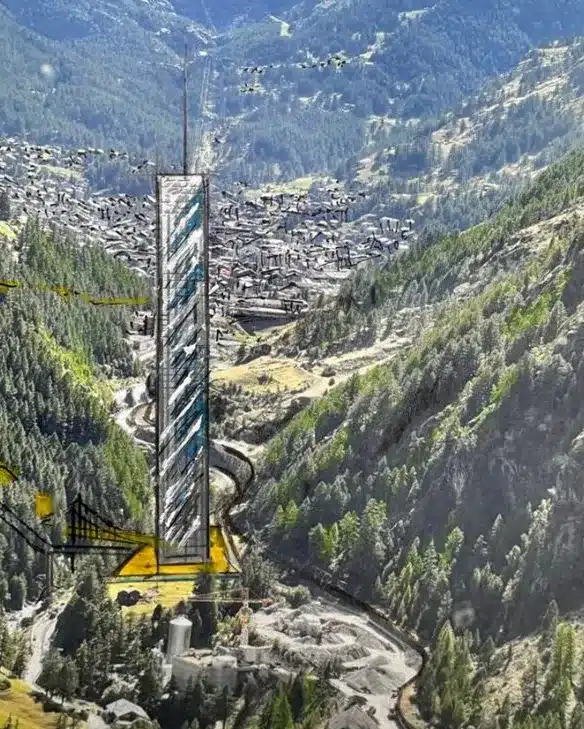 Illustrative sketch of the contrasting tower standing tall amid a lush green valley and above the town.