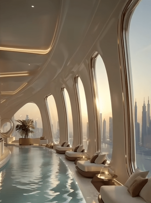 Luxurious interior rendering of the curved sky pool at the Emirates Air Hotel, featuring arched windows, gold trim, white lounge beds, and a sunset view over the high-rise Dubai skyline.