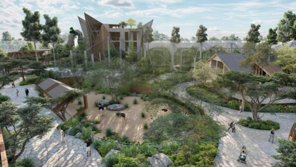 Exotic Bird Park architectural rendering showing 24 habitat-specific aviaries integrated with winding pathways, native landscaping, and visitor amenities in Mumbai&rsquo;s Mulund West.