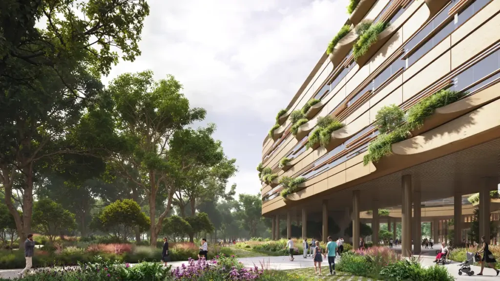 Malpensa Hospital facade in Milan by Zaha Hadid, showing flowing architectural layers with planted balconies integrated into the surrounding garden.