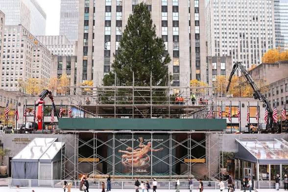 Workers on scaffolding install lights and decorations on the 2025 Rockefeller Center Christmas tree, with cranes assisting and pedestrians walking below near the ice rink.