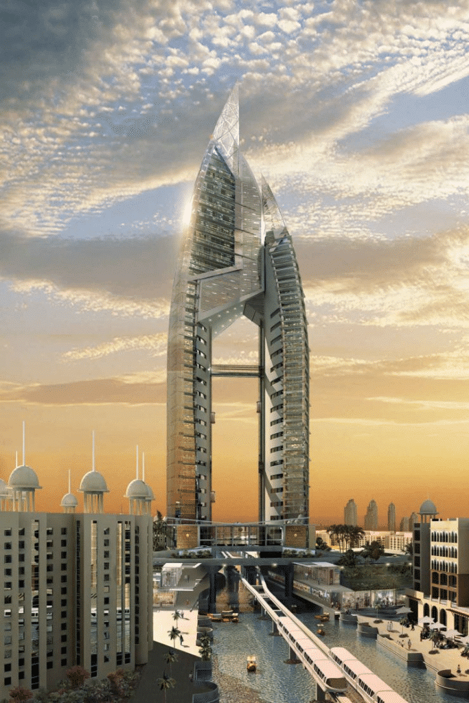 Wide aerial view of Trump Tower Dubai integrated into the Sheikh Zayed Road skyline, showing surrounding high-rise buildings and the ocean in the background.