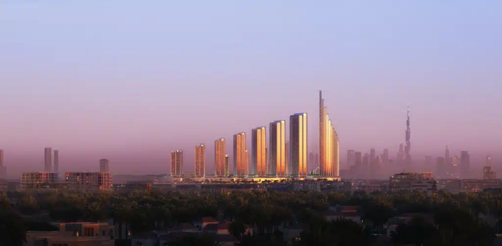 Graduated skyline rendering of Mercedes City residential towers in Dubai at sunset, with Burj Khalifa visible in the background.