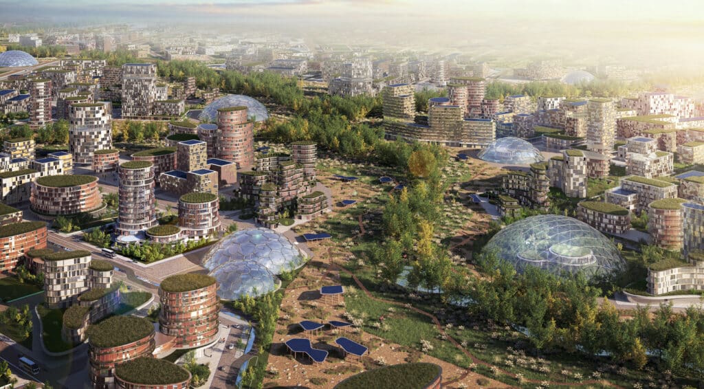 Aerial rendering of Hunnu City master plan showing modular residential towers, green rooftops, and large geodesic domes integrated into a sprawling steppe landscape under morning light.