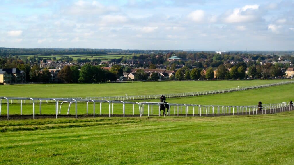 Aerial view of the rural landscape in west Suffolk, UK, showing green fields, a horse racing track, and residential areas between Newmarket and Haverhill  the proposed site for the Forest City development.
