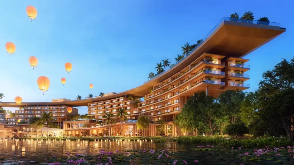 Evening rendering of Shanghai Meifan Sailing Port showing tiered hotel blocks with cantilevered roofs, waterfront balconies, and floating lanterns above a lily pond.