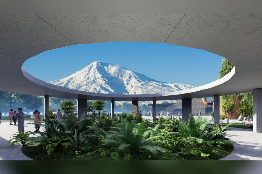 View from within Aratta Garden&rsquo;s circular pavilion toward Mount Ararat, showcasing greenery, visitors, and the project&rsquo;s symbolic architectural framing of the iconic mountain.