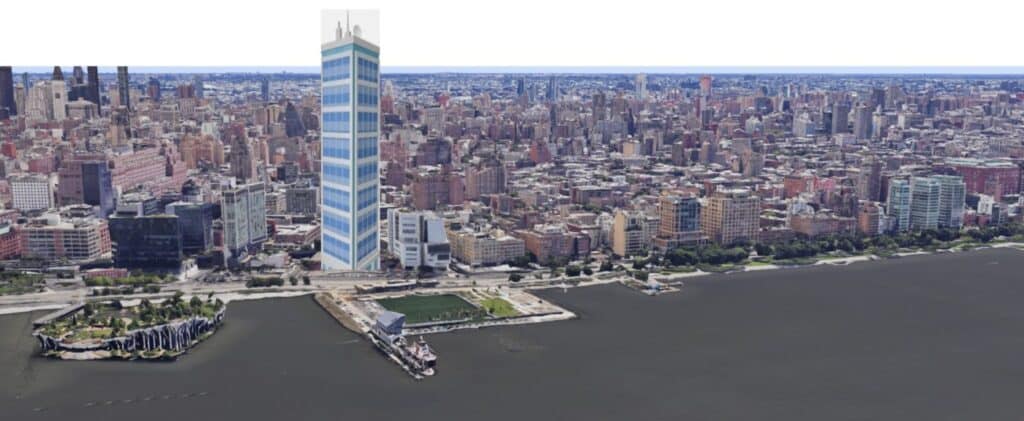 Aerial view of a proposed glass-clad supertall tower superimposed on the Manhattan skyline, situated near the Hudson River with existing urban fabric and waterfront parks visible.