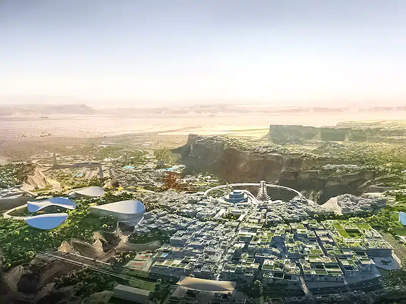 Daytime rendering of Qiddiya masterplan showing urban clusters near the tennis complex area