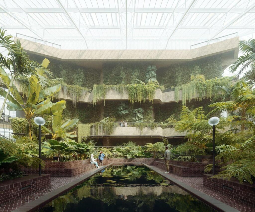 Barbican Conservatory rendering with lush greenery and Brutalist legacy architecture under glass canopy