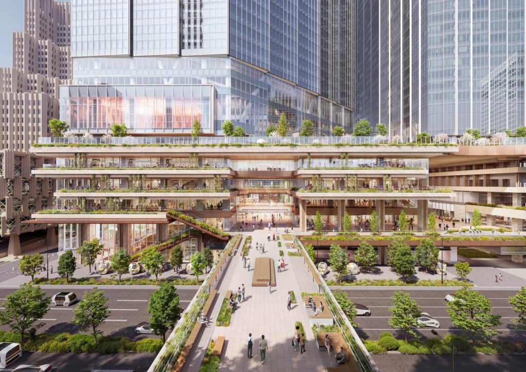 Daytime rendering of the Tokyo Cross Park public podium, showing multi-level terraces with greenery and pedestrian pathways beneath glass high-rises, emphasizing structural stabilization in dense urban design.