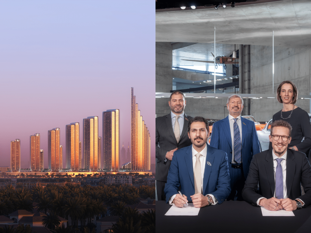 صورة مركبة تظهر التصميم التصوري لمشروع مرسيدس-بنز بليسيز &ndash; بينغاتي سيتي على اليسار وتنفيذيين يوقعون اتفاقية الشراكة على اليمين.