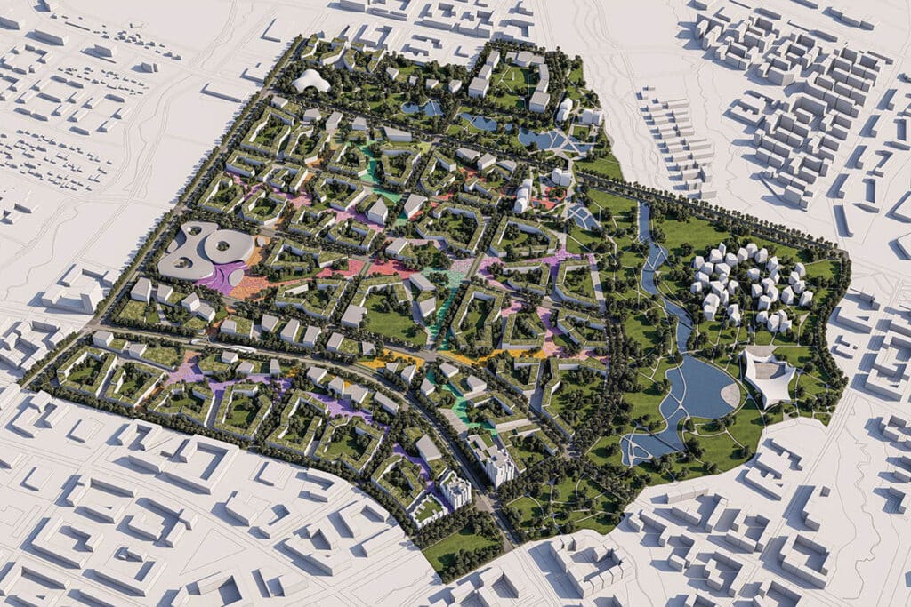 Aerial conceptual rendering of the    masterplan in Almaty, showing its integrated green corridors, public spaces, and surrounding urban fabric.