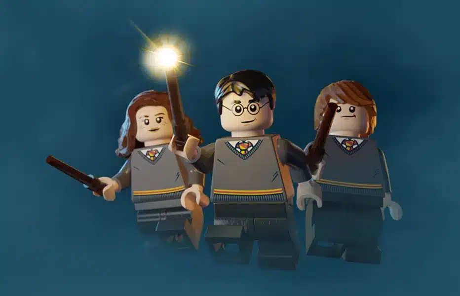 LEGO Harry Potter minifigures of Hermione, Harry, and Ron in Hogwarts uniforms holding wands against a dark blue backdrop. Structural stabilization is implied in their fixed poses for display purposes.