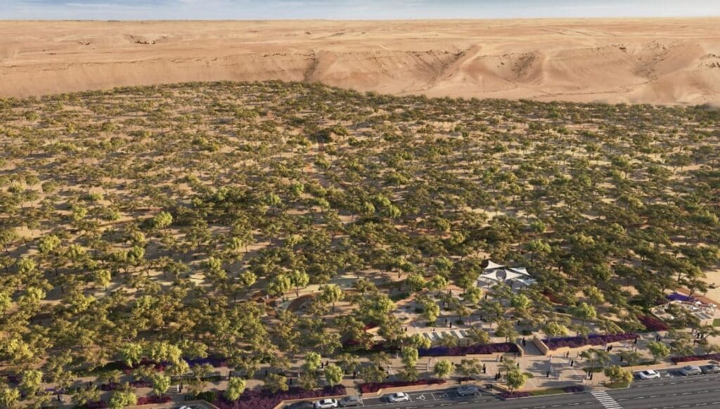 Aerial rendering of a vast desert landscape transformed by a grid of trees and a central pavilion, with pathways and parking areas at the edge under clear daylight.