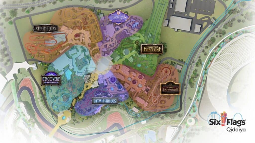 Masterplan] of an amusement park divided into six themed zones, illustrating the urban planning of interaction areas.