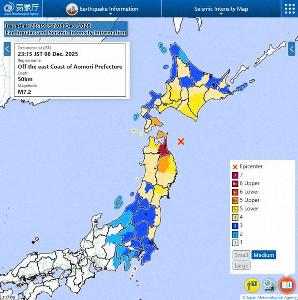 Japan Meteorological Agency (JMA) Seismic Intensity Map, showing areas severely affected by the "Upper 6" intensity, documenting the challenge for Seismic Resilience of Buildings.