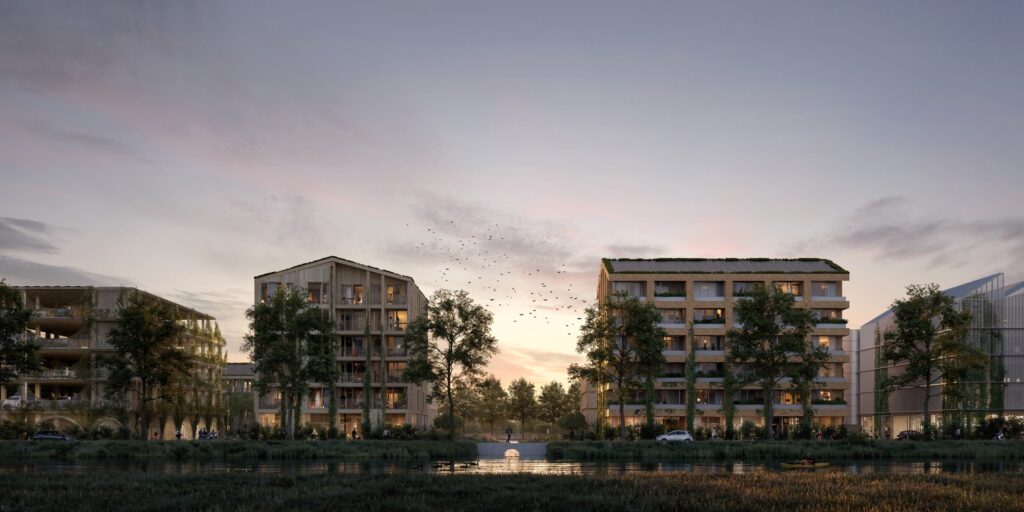 An evening view of The Erven project in Hoofddorp, showing timber built residential blocks facing a water canal, surrounded by trees and greenery that reflect a sustainable design strategy.