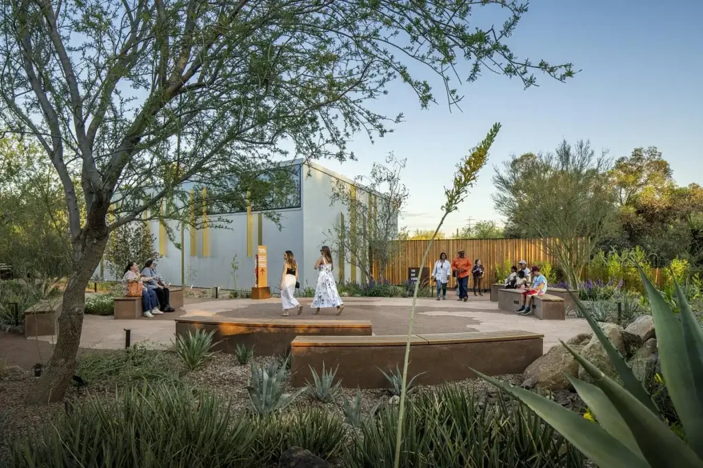 يجلس الزوار في ساحة مزروعة بجانب مركز هازل هير للعلوم النباتية المرحلة الثانية، مع ظهور المبنى للمعارض خلف النباتات الصحراوية المحلية والمقاعد المظللة.