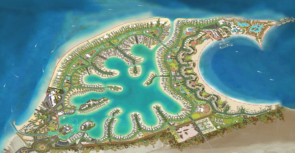 المخطط العام الكامل لمشروع "دانا باي" في المملكة العربية السعودية، يوضح نظام البحيرات الاصطناعية الواسع، التجمعات الكثيفة للعقارات السكنية والترفيهية، والتصميم العام المنحني والخطي على طول الشاطئ.