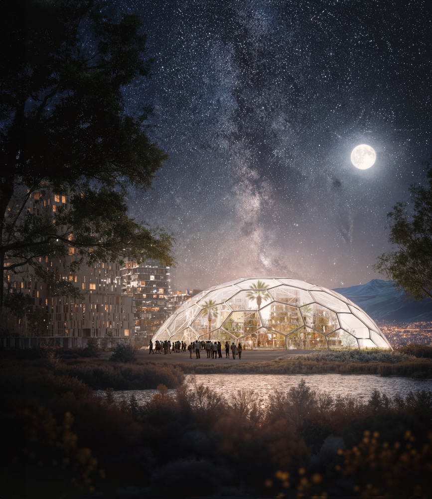 Night view of a geodesic dome in Hunnu City master plan, illuminated under a starry sky with the Milky Way and full moon, surrounded by modular buildings and natural landscape.