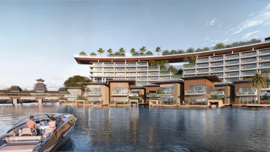 Daytime rendering  Sailing Port showing waterfront hotel buildings with rooftop palm trees, floating villas, and a speedboat approaching the dock.