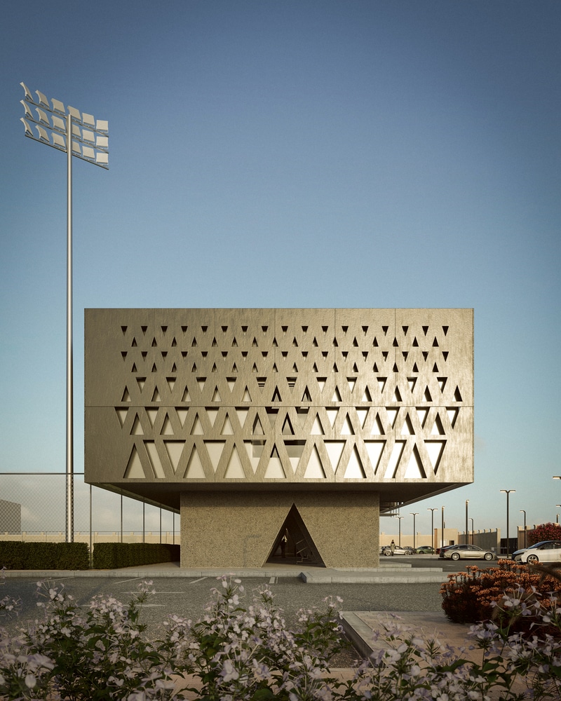 Rendering of the House Sports Complex entrance in Riyadh, featuring a perforated concrete facade with triangular patterns and a cantilevered volume above a landscaped parking area.