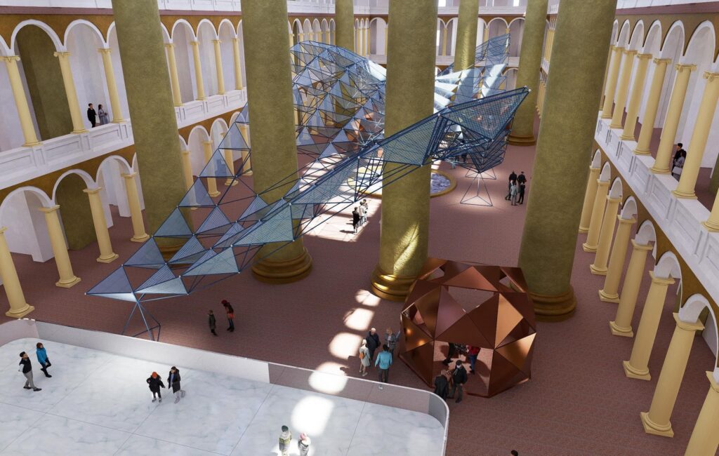 A large blue spaceframe installation titled Lightness of Strength suspended within the National Building Museum&rsquo;s Great Hall, weaving between historic columns.