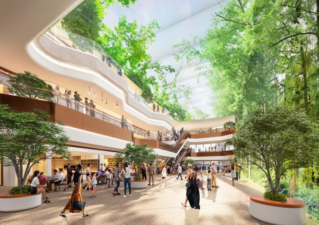 Interior rendering of a multi-level public space with integrated greenery and curved walkways, showing people interacting under a luminous ceiling, emphasizing structural stabilization in vertical environments.