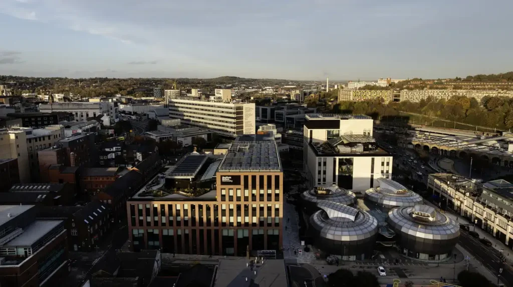 An aerial view of the Langsett, Redmires and Strines complex at Sheffield Hallam University, part of an academic architecture project integrating campus life with the city&rsquo;s urban infrastructure.