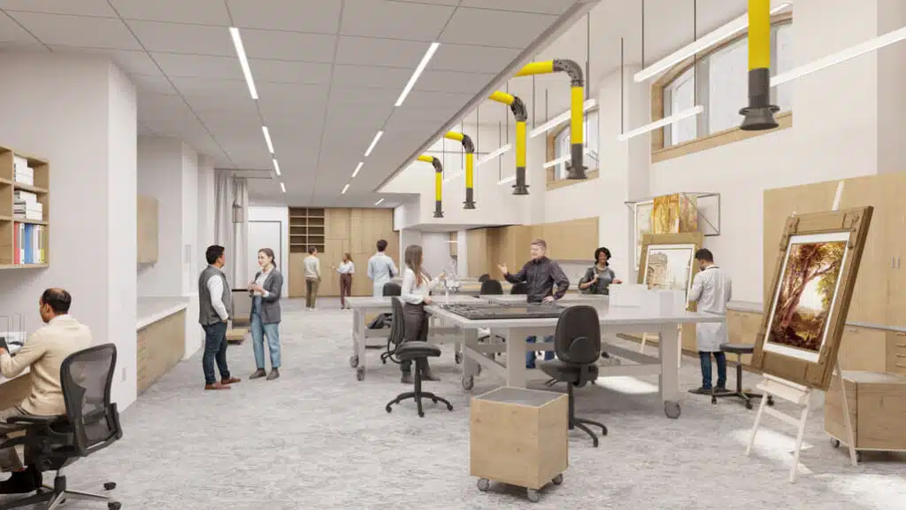 A conservation lab in the Tang Wing, equipped with mobile worktables and specialized tools, reflecting architectural design that supports precise art handling and interdisciplinary collaboration.
