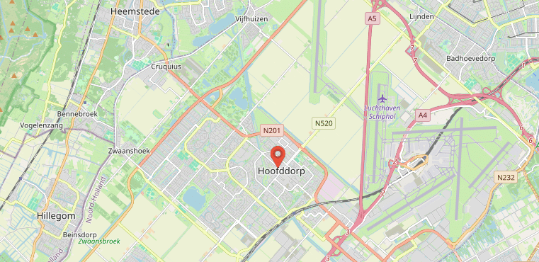 Map showing the location of The Erven project in Hoofddorp, Netherlands, with markers for major roads like A4 and N201, and surrounding areas including Schiphol Airport.