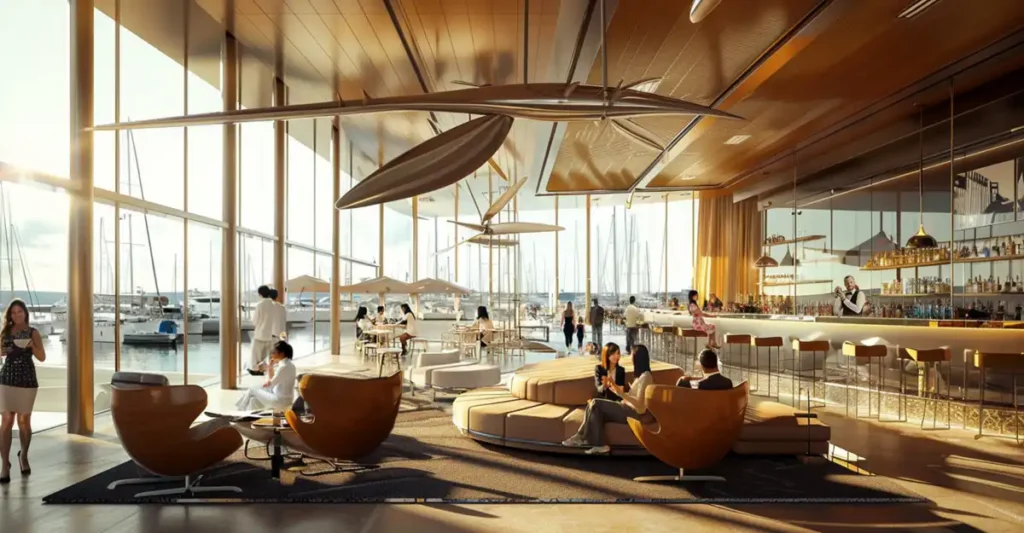 Interior rendering  Sailing Port&rsquo;s waterfront lounge, featuring sculptural ceiling fixtures, floor-to-ceiling windows overlooking marina yachts, and modern seating arrangements.
