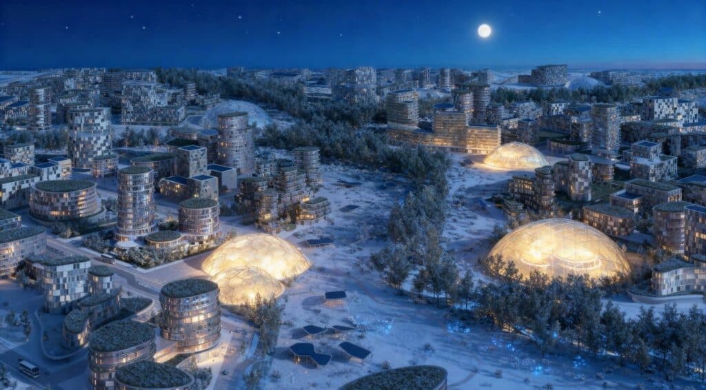 Aerial night view of     under snow, showing illuminated circular towers and geodesic domes against a starry sky with full moon.