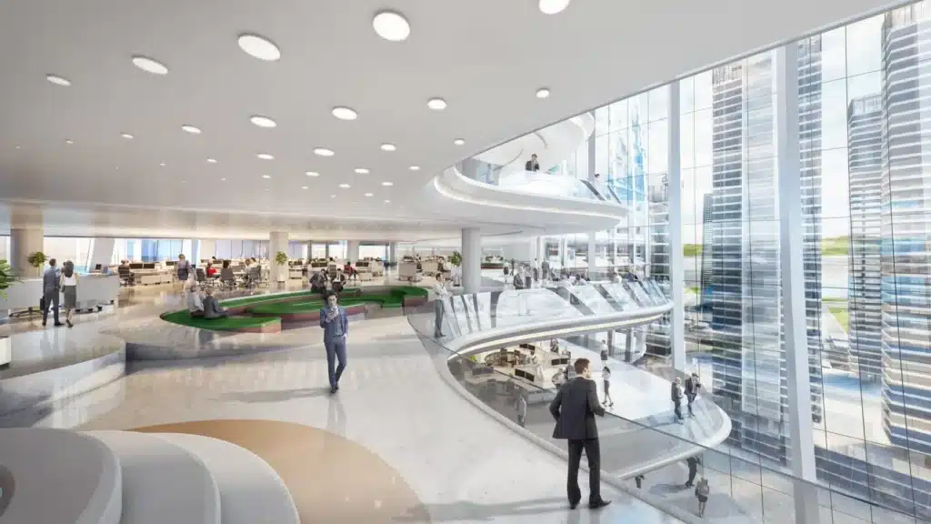 Rendering of the multi-level interior atrium in the OPPO headquarters, featuring curved walkways, integrated seating, and expansive glass walls overlooking Shenzhen&rsquo;s skyline.