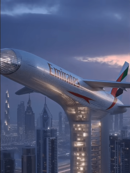 Close up rendering of the static Emirates Airbus A380 mounted atop the futuristic, cylindrical Emirates Air Hotel skyscraper in Dubai at dusk, showing the illuminated tower connecting to the aircraft fuselage.