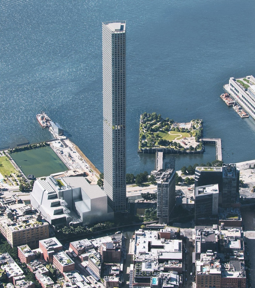 Aerial rendering of the Supertall for All tower rising beside the Hudson River, adjacent to the Whitney Museum and a landscaped waterfront park, illustrating its urban integration in Manhattan.