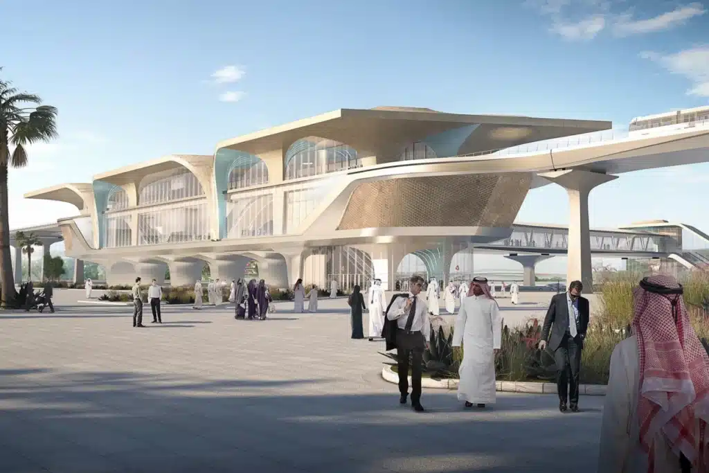 تصميم معماري أيقوني مقترح لمحطة قطار مرتفعة ذات أسقف منحنية وتكسيات حديثة، ترمز إلى عمارة محطات الربط بالقطار الكهربائي السريع الجديدة.