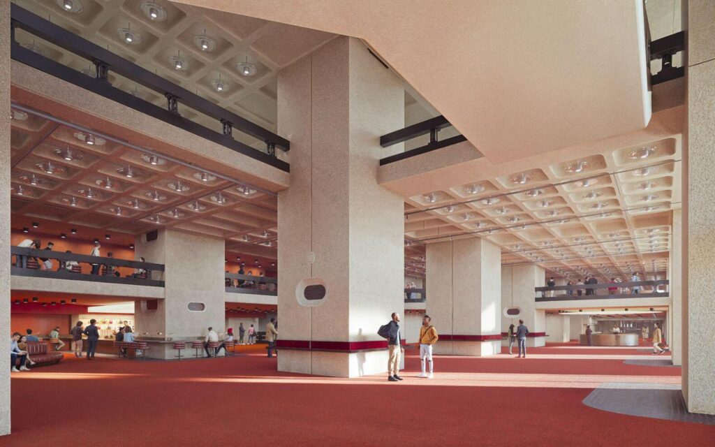 Barbican Centre interior rendering showing multi-level foyers with Brutalist legacy columns and red flooring