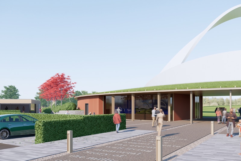 Rendering of the visitor entrance to the Eternal Wall of Answered Prayer, showing a low-profile building with green roof and pedestrian walkway leading toward the monument.
