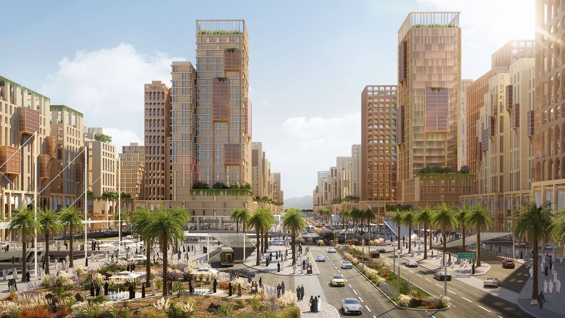 A high-angle architectural rendering of a modern, sustainable urban city in a desert region, featuring tall sandy-colored buildings with traditional mashrabiya details, palm tree-lined streets, and people in traditional Arab clothing walking through a bright, sunlit plaza.