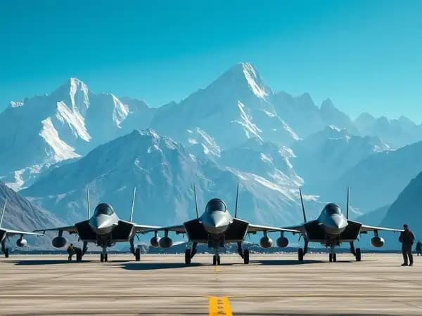 Three fighter jets lined up on a high-altitude airstrip with snow-capped Himalayan peaks in the background, symbolizing strategic airpower deployment.