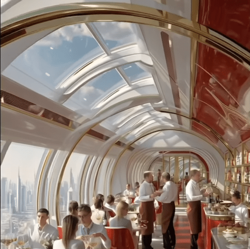 Interior rendering of a bright, contemporary restaurant inside the Emirates Air Hotel, featuring a tubular structure, curved windows, white and red color scheme, and bar service against a backdrop of the Dubai skyline.